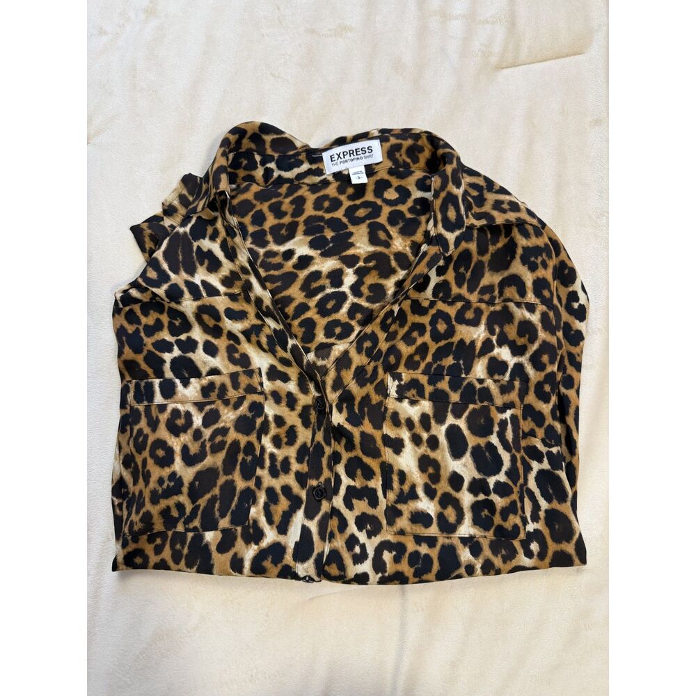 Express Portofino Women’s Leopard Print Button-Up Shirt Long Sleeve